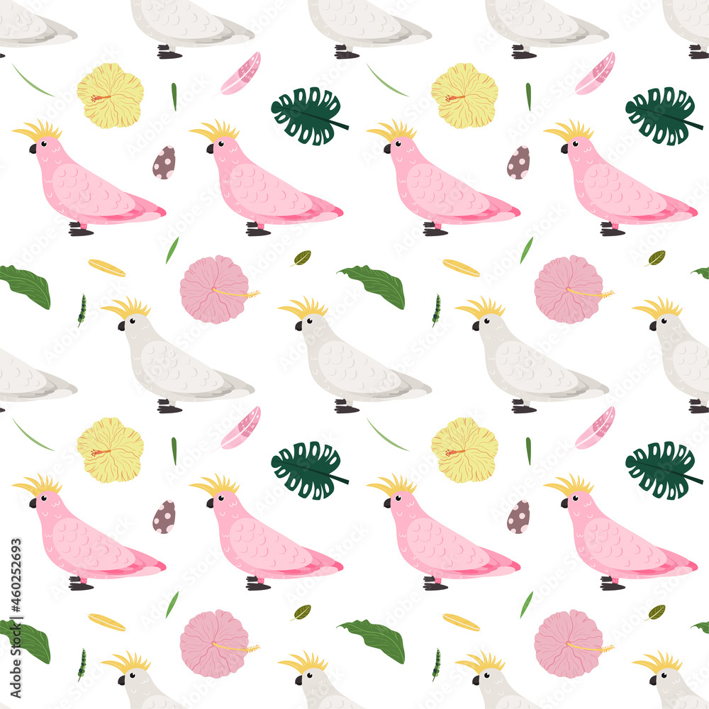 Seamless pattern with white and pink parrots cockatoo, tropical leaves and flowers. Cute baby print for fabric and textile. Seamless pattern with white and pink parrots cockatoo, tropical leaves and flowers. Cute baby print for fabric and textile.