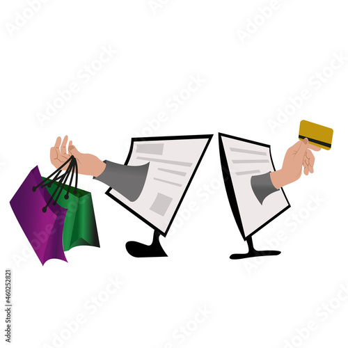 Online shopping.
Online store.
Business concept.
Mobile shopping flat vector concept. Delivery man's hand with a bag from the computer. Online Payment, Transfer, Payment card. Cyber Week.
