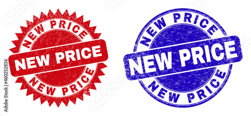 Round and rosette NEW PRICE stamps. Flat vector distress stamps with NEW PRICE phrase inside round and sharp rosette shape, in red and blue colors. Rubber imitations with distress texture, photo
