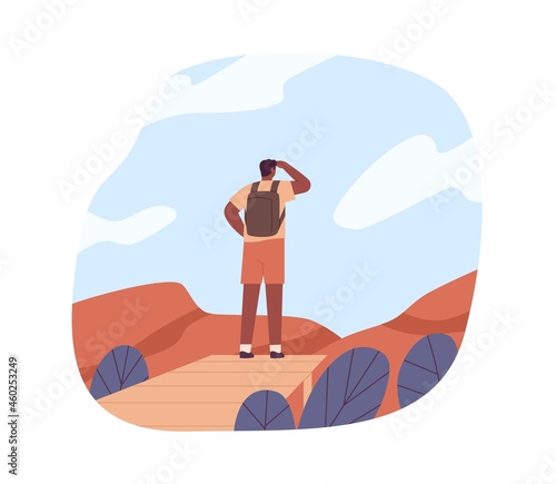 Tourist in adventure, looking forward, exploring nature. Hiker travel, standing on top of mountains in sky. Concept of discovering new horizons. Flat vector illustration isolated on white background