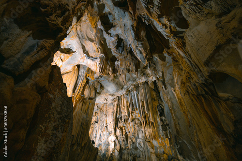Fototapeta Naklejka Na Ścianę i Meble -  The interior of the cave. Ancient formations of stone. Touristic hiking route. Concept of excursions and attractions. (Cuceler magarasi) Tirilar, Sapadere, Alanya