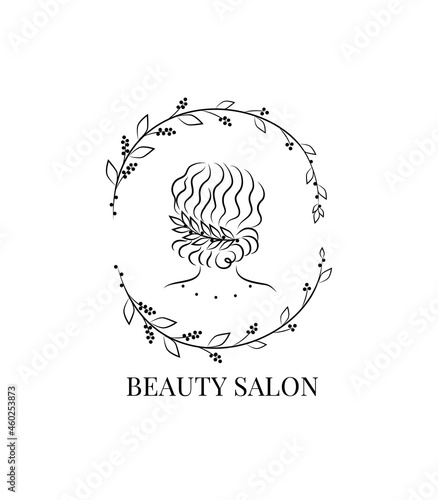 Hand logo in a minimal linear style.Elegant floral frame and silhouette of a woman with a hairstyle on white background.Vector emblem perfect for logotype or labels of hair stylist,beauty salon
