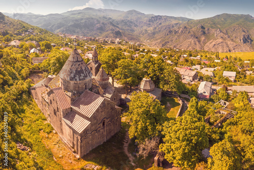 Aerial view of Sanahin monastery and church in Alaverdi town in Armenia. Founded in 10th century. Travel and religious attractions