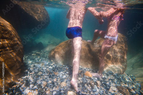 Underwater view. Torists people are swiming. Sapadere canyon and waterfall, Nature, Travel and vacation concept. Summer sunny day. Alanya turkey photo