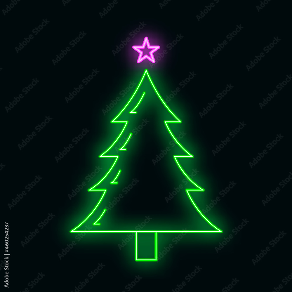 Concept christmas fir tree icon with star green neon glow style, happy new year and merry christmas flat vector illustration, isolated on black. Concept christmas fir tree icon with star green neon glow style, happy new year and merry christmas flat vector illustration, isolated on black.