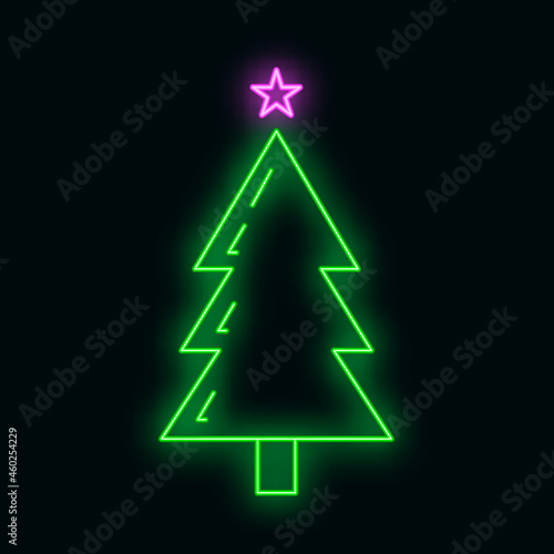 Concept christmas fir tree icon with star green neon glow style, happy new year and merry christmas flat vector illustration, isolated on black.