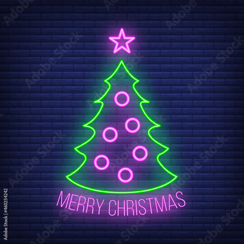 Concept christmas fir tree icon with star green neon glow style, happy new year and merry christmas flat vector illustration, isolated on brick black.