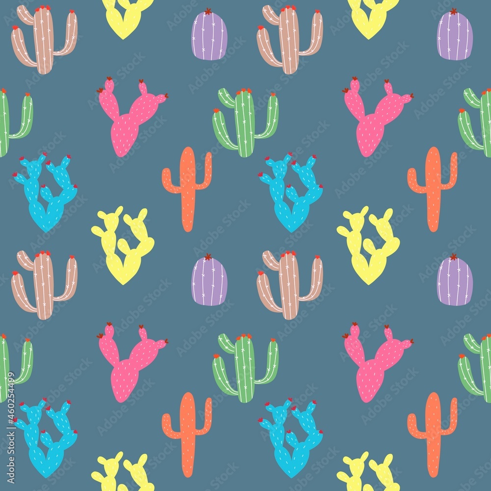 Collection of cacti and succulents in modern pots.Jungle Doodle Seamless Pattern.