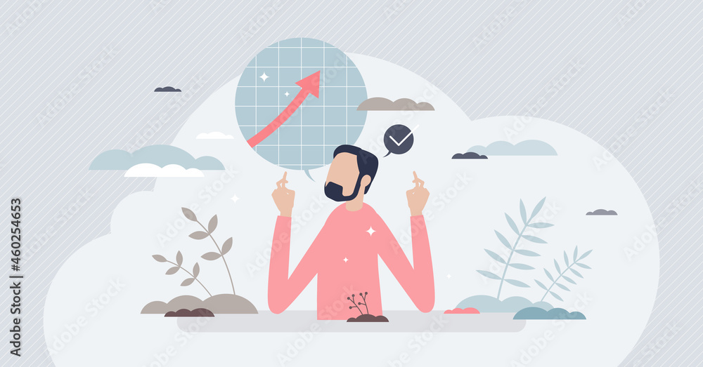 Expectations as high hope and belief for future progress tiny person concept. Evaluate success or development with positive imagination vector illustration. Forecast or anticipation with probable plan