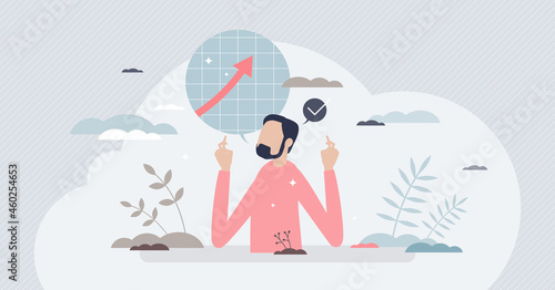Expectations as high hope and belief for future progress tiny person concept. Evaluate success or development with positive imagination vector illustration. Forecast or anticipation with probable plan