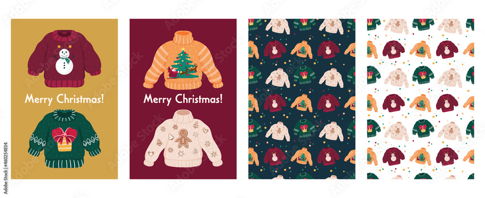 Big cute Christmas set with ugly sweaters cards and patterns. Funny Xmas jumpers with snowman, gingerbread cookie, sleigh, Santa and deers and backgrounds. Isolated objects. Big cute Christmas set with ugly sweaters cards and patterns. Funny Xmas jumpers with snowman, gingerbread cookie, sleigh, Santa and deers and backgrounds. Isolated objects.
