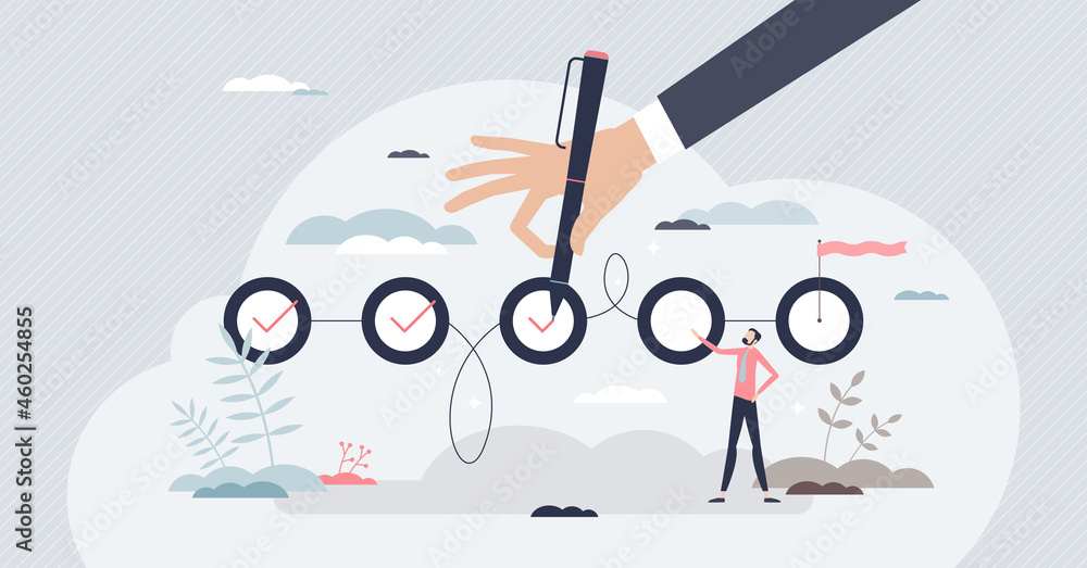 Completing project and effective task management plan tiny person concept. Successfully completed part of checklist and progress is well done vector illustration. Business development phase monitoring Completing project and effective task management plan tiny person concept. Successfully completed part of checklist and progress is well done vector illustration. Business development phase monitoring