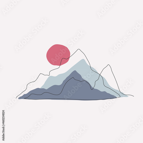Abstract mountain range landscape background Linear logo icon sign Sun sunset symbol Hand drawn sketch Modern design style Fashion print clothes apparel greeting invitation card cover flyer poster ad