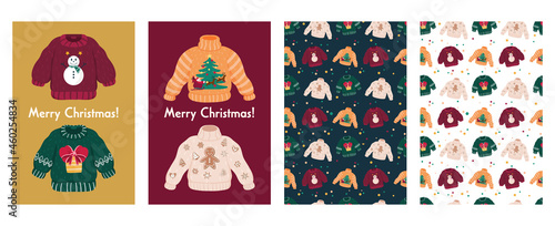 Big cute Christmas set with ugly sweaters cards and patterns. Funny Xmas jumpers with snowman, gingerbread cookie, sleigh, Santa and deers and backgrounds. Isolated objects. 