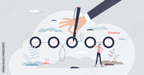 Completing project and effective task management plan tiny person concept. Successfully completed part of checklist and progress is well done vector illustration. Business development phase monitoring photo