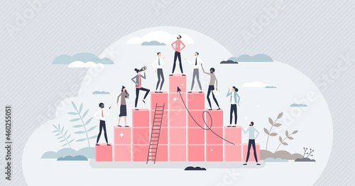 Hierarchy rank and pyramid type career development ladder tiny person concept. Company organization system from low level workers to CEO and director vector illustration. Organization team structure.