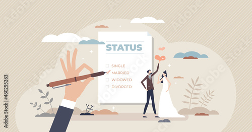 Marital status change with couple relationship type tiny person concept. Checkbox list with single, married, widowed and divorced options for couple vector illustration. Official wedding and marriage. photo