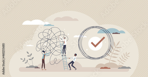 Problem solution as complete difficult and messy task tiny person concept. Business problems solved and challenges successfully done with help or support from professional teamwork vector illustration