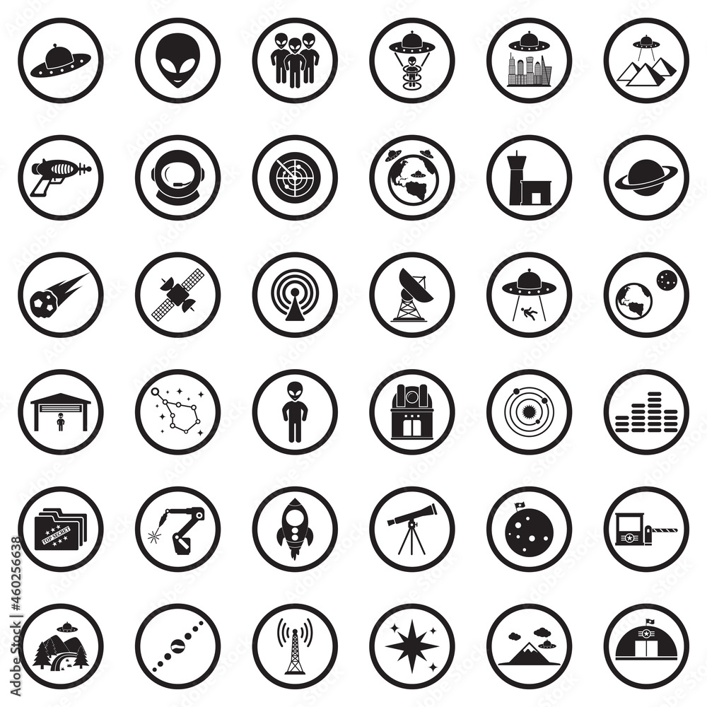 Alien Icons. Black Flat Design In Circle. Vector Illustration. Alien Icons. Black Flat Design In Circle. Vector Illustration.