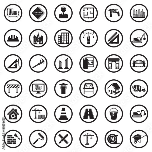 Architecture Icons. Black Flat Design In Circle. Vector Illustration.