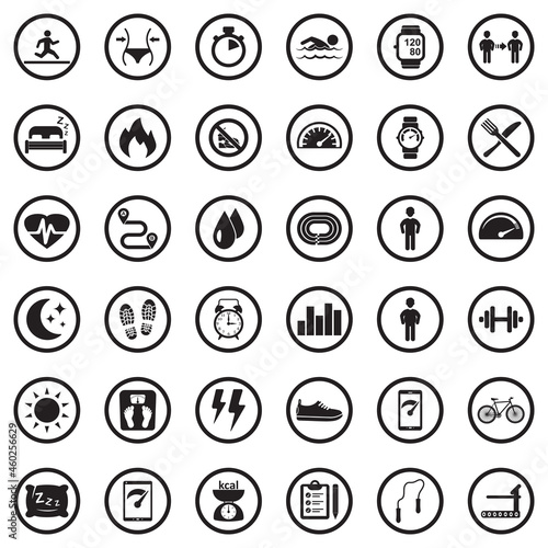 Activity Tracking Icons. Black Flat Design In Circle. Vector Illustration.