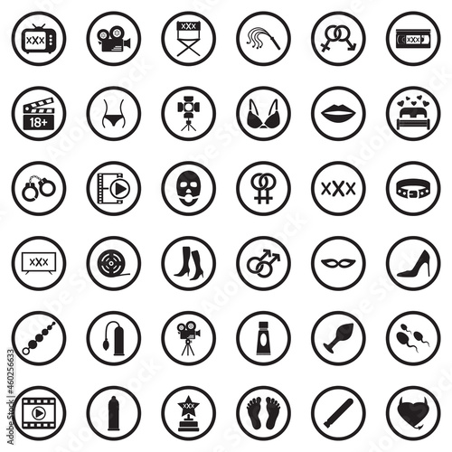 Adult Movie Icons. Black Flat Design In Circle. Vector Illustration.