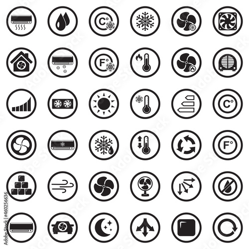 Air Conditioning Icons. Black Flat Design In Circle. Vector Illustration.