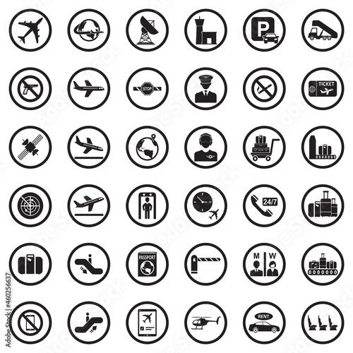 Airport Icons. Black Flat Design In Circle. Vector Illustration.