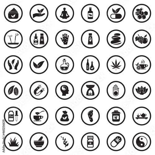 Alternative Medicine Icons. Black Flat Design In Circle. Vector Illustration.