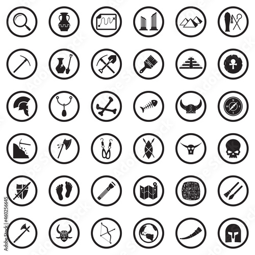 Archeology Icons. Black Flat Design In Circle. Vector Illustration.