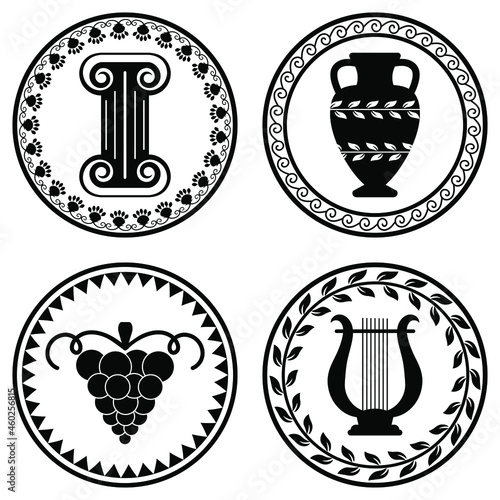 Vector set of ancient logos with amphora for olive oil, lira, cluster of grapes and ionic column. The symbols of antiquity and Greece. Collection of vintage objects for design