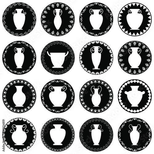 Set of ancient greek vase logos. Collection of sixteen greek urns with ornament vector illustration. Black amphora icon isolated on white background. The symbols of Greece