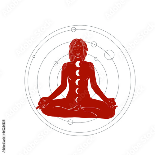 Silhouette of meditating woman with chakras, space and orbits. Lotus yoga pose. Tantra, kundalini. Hand drawn spiritual art. 