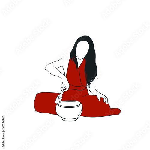 Woman with singing bowls. Meditation. Outline vector female hand drawn  silhouette