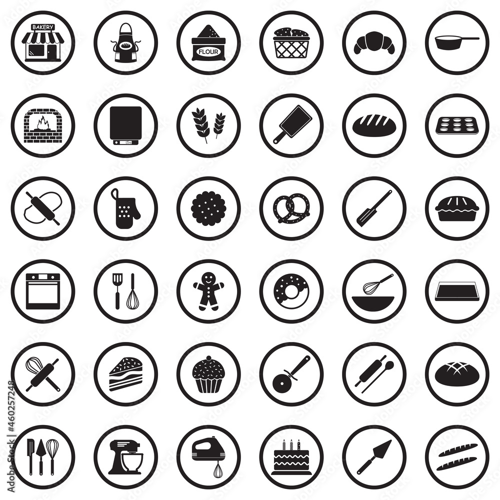 Bakery Icons. Black Flat Design In Circle. Vector Illustration. Bakery Icons. Black Flat Design In Circle. Vector Illustration.