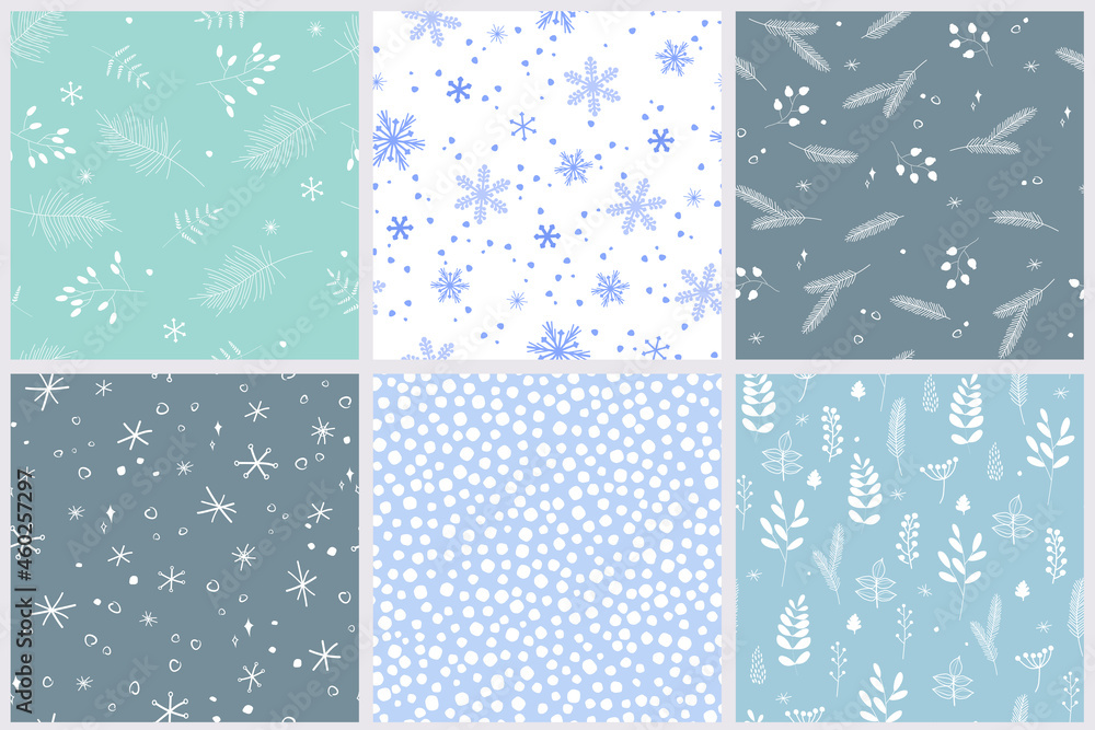 Seamless pattern set. The collection is a cozy winter decoration with twigs, a Christmas tree, berries, frosty ornaments, snowflakes. Vector graphics. Seamless pattern set. The collection is a cozy winter decoration with twigs, a Christmas tree, berries, frosty ornaments, snowflakes. Vector graphics.