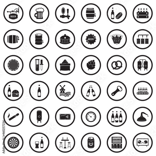 Beer Icons. Black Flat Design In Circle. Vector Illustration.