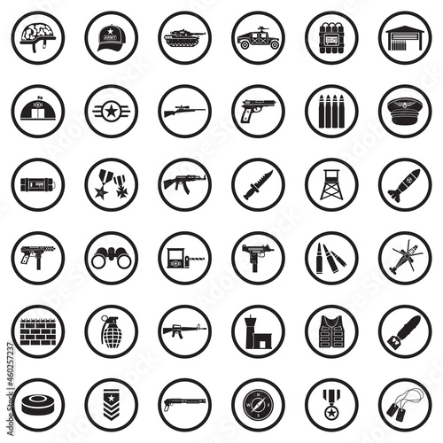 Army Icons. Black Flat Design In Circle. Vector Illustration.