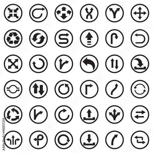 Arrows Icons. Black Flat Design In Circle. Vector Illustration.
