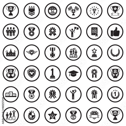 Awards Icons. Black Flat Design In Circle. Vector Illustration.