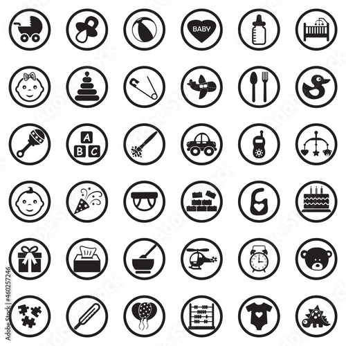 Baby Icons. Black Flat Design In Circle. Vector Illustration.