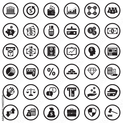 Banking Icons. Black Flat Design In Circle. Vector Illustration.