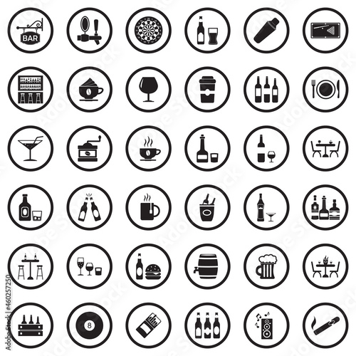 Bar Icons. Black Flat Design In Circle. Vector Illustration.