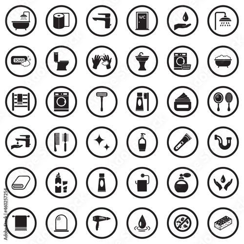 Bathroom Icons. Black Flat Design In Circle. Vector Illustration.