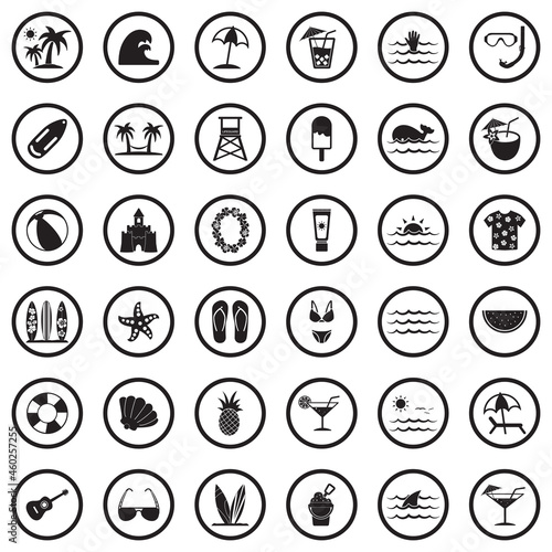 Beach Icons. Black Flat Design In Circle. Vector Illustration.