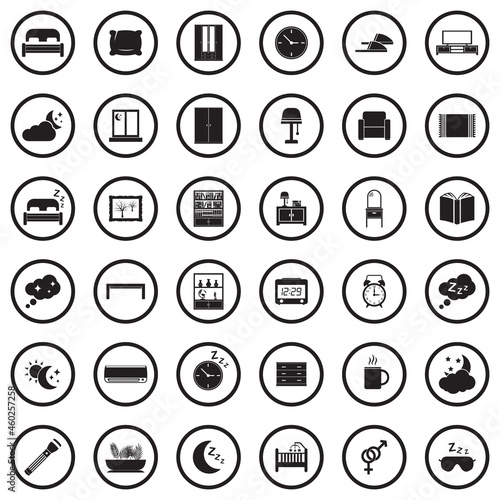 Bedroom Icons. Black Flat Design In Circle. Vector Illustration.