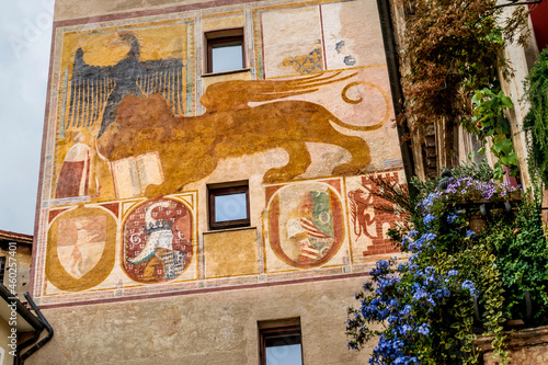 The frescoed Porta Dieda (Dieda Gate), the remains of the Inferior Castle built in the 14th century, in Bassano del Grappa, province of Vicenza, Veneto region, Italy photo