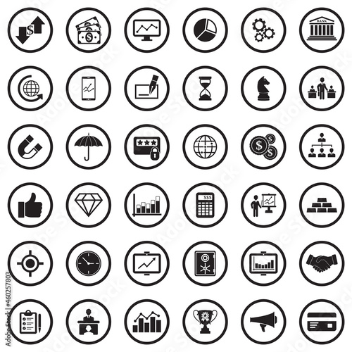Business And Finance Icons. Black Flat Design In Circle. Vector Illustration.