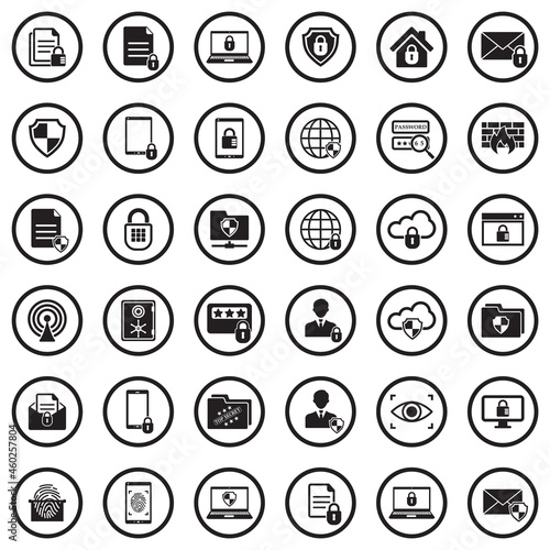 Business Data Protection Technology Icons. Black Flat Design In Circle. Vector Illustration.
