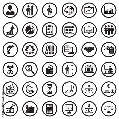 Business Icons. Black Flat Design In Circle. Vector Illustration.